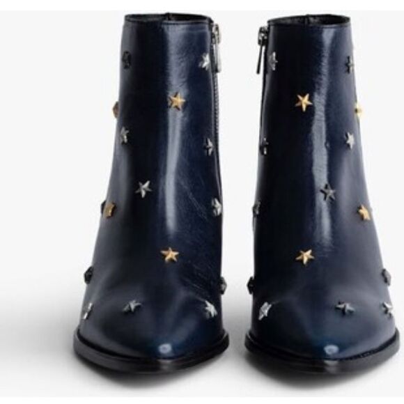 Zadig & Voltaire Tyler Stars studded leather western point toe boot navy 41 NWT - Picture 1 of 17